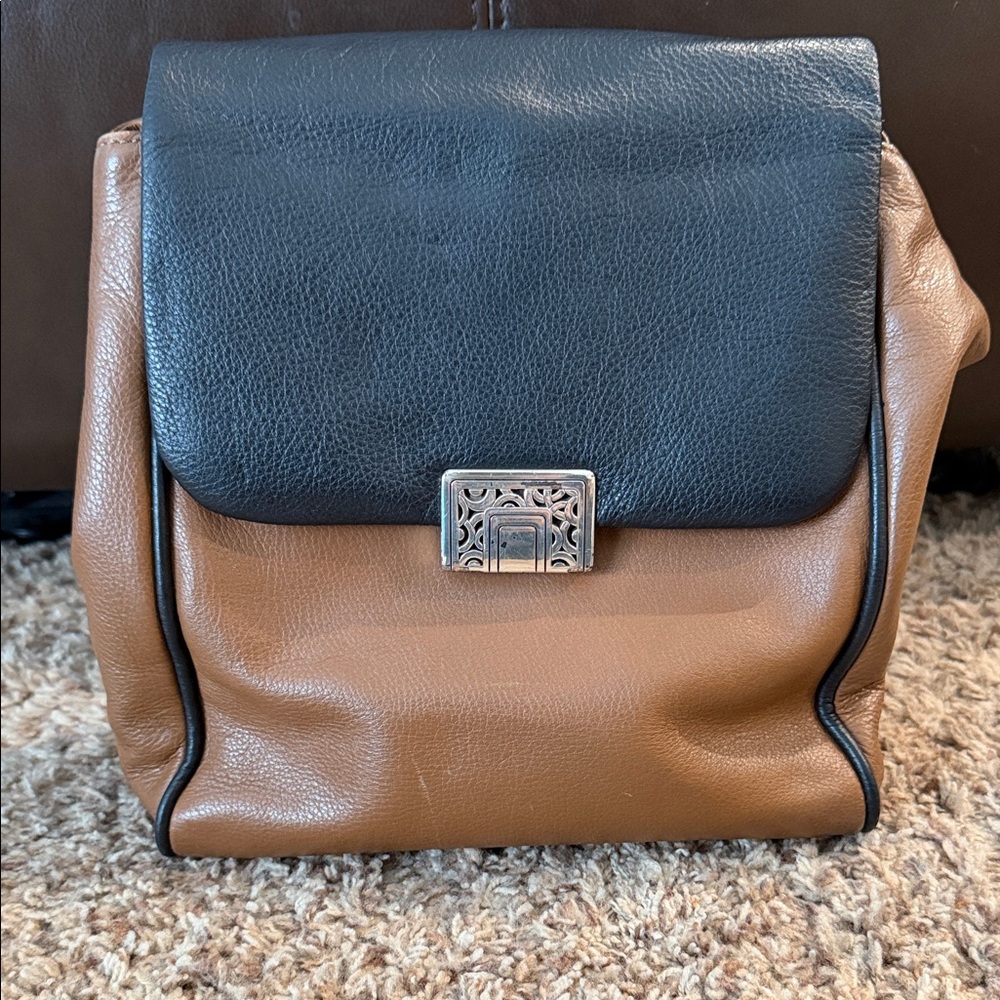 Vintage Two-Tone Leather Backpack with Silver Clasp